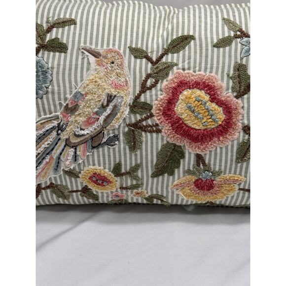Rectangle Embroidered throw pillow beading striped floral Bird 14 X 22 Cottage - Picture 2 of 10